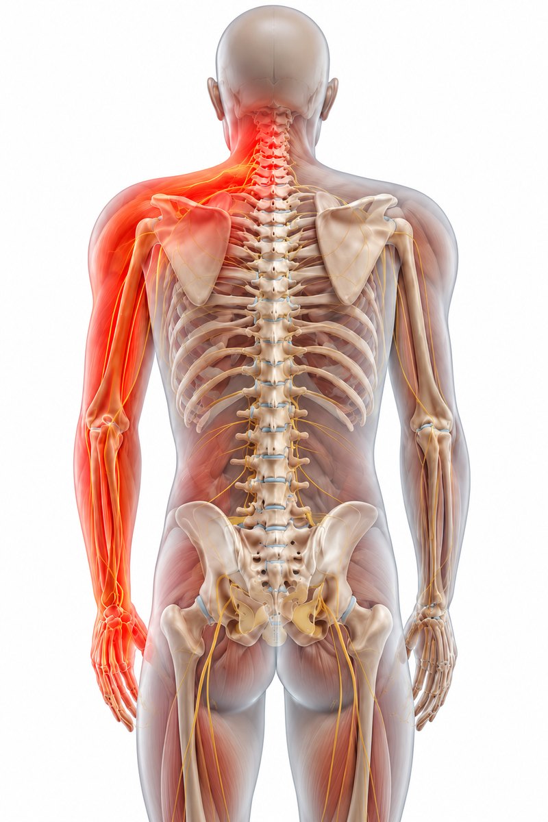Cervical radiculopathy, with pain running from the neck down one arm