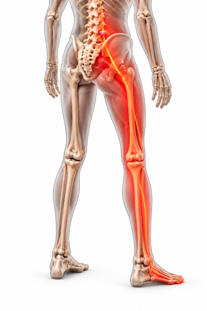 Sciatica from a herniated lumbar disc, with pain running down one leg to the foot